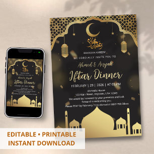 Luxury Black and Gold Mosque Iftar Dinner Invitation