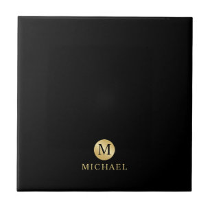 Luxury Black and Gold Personalised Monogram Ceramic Tile