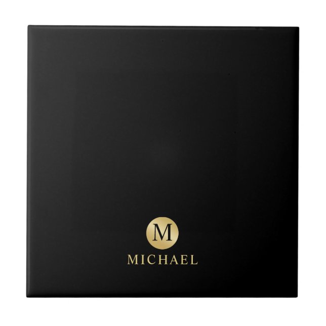 Luxury Black and Gold Personalised Monogram Ceramic Tile (Front)