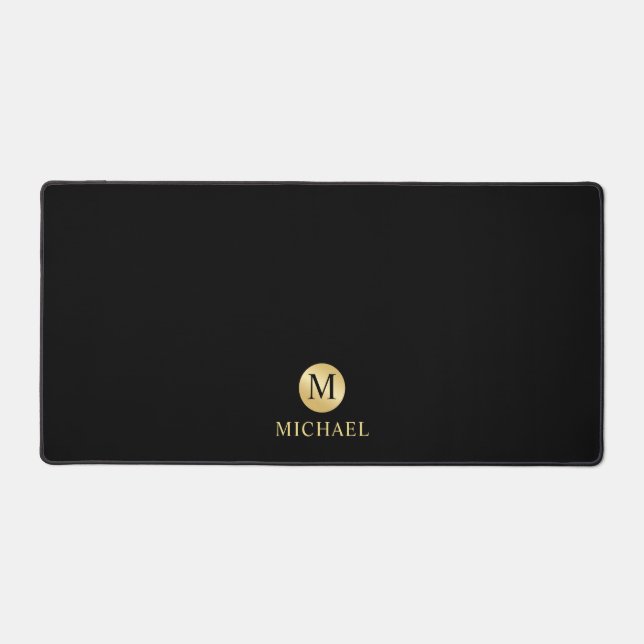 Luxury Black and Gold Personalised Monogram Desk Mat (Front)
