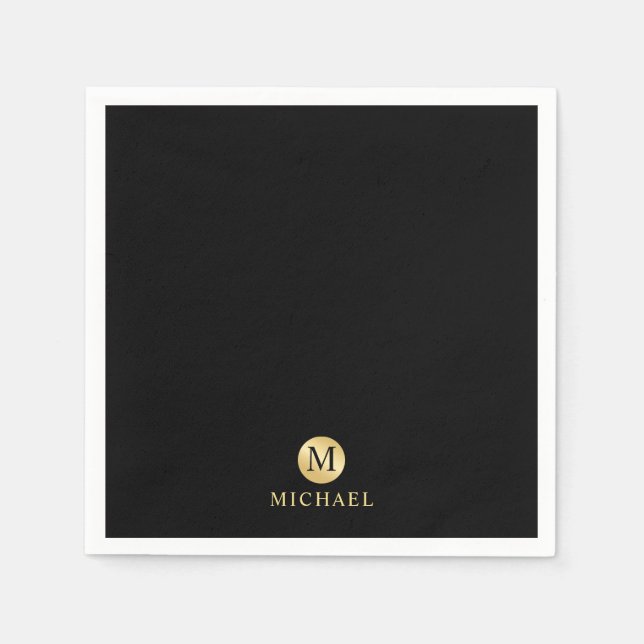 Luxury Black and Gold Personalised Monogram Napkin (Front)