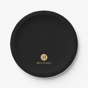 Luxury Black and Gold Personalised Monogram Paper Plate