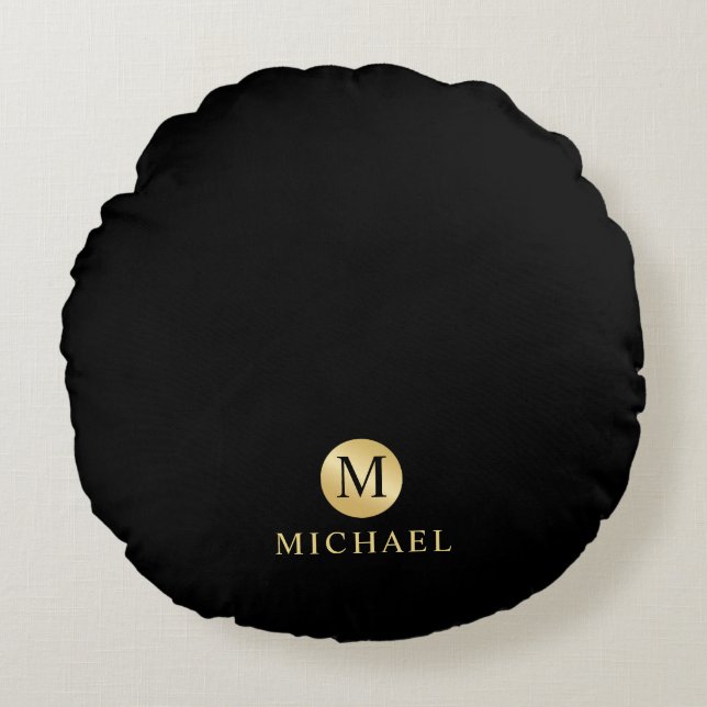 Luxury Black and Gold Personalised Monogram Round Cushion (Front)