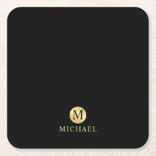 Luxury Black and Gold Personalised Monogram Square Paper Coaster