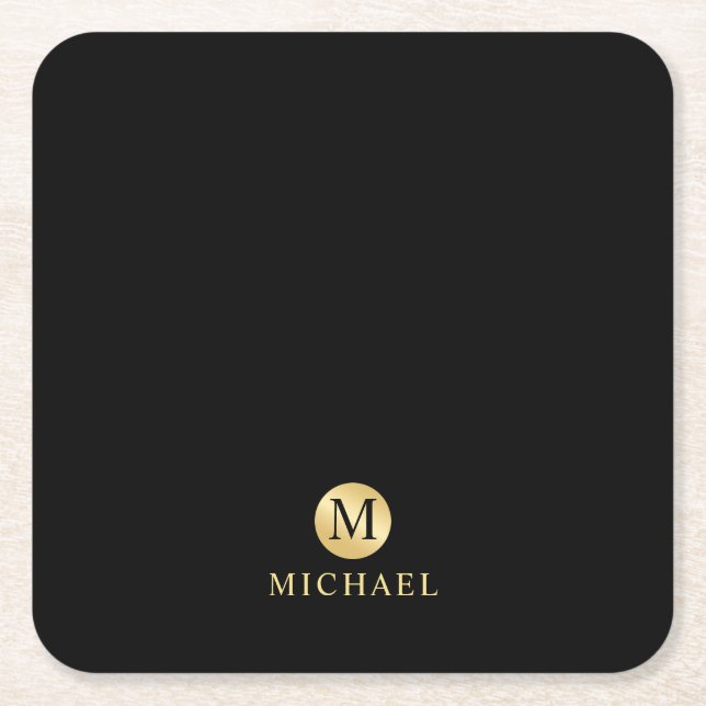 Luxury Black and Gold Personalised Monogram Square Paper Coaster (Front)
