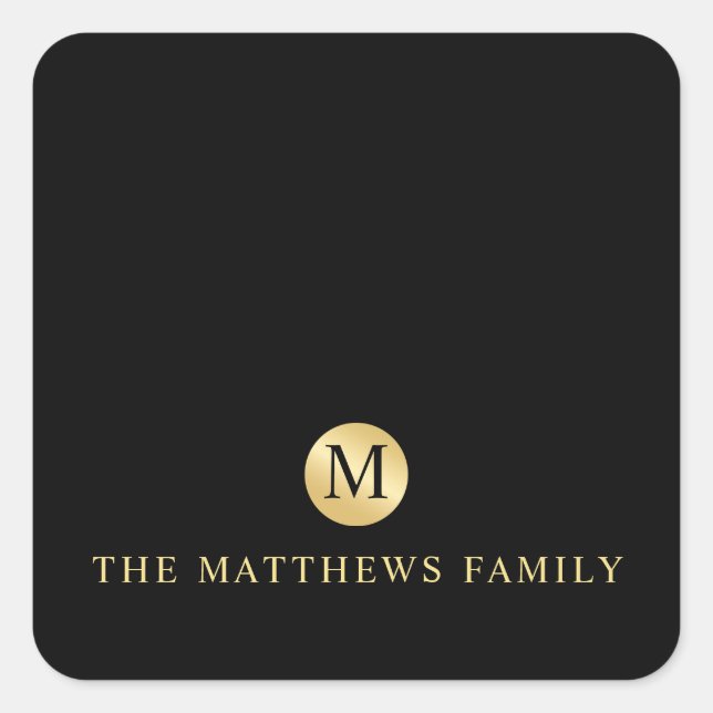 Luxury Black and Gold Personalised Monogram Square Sticker (Front)