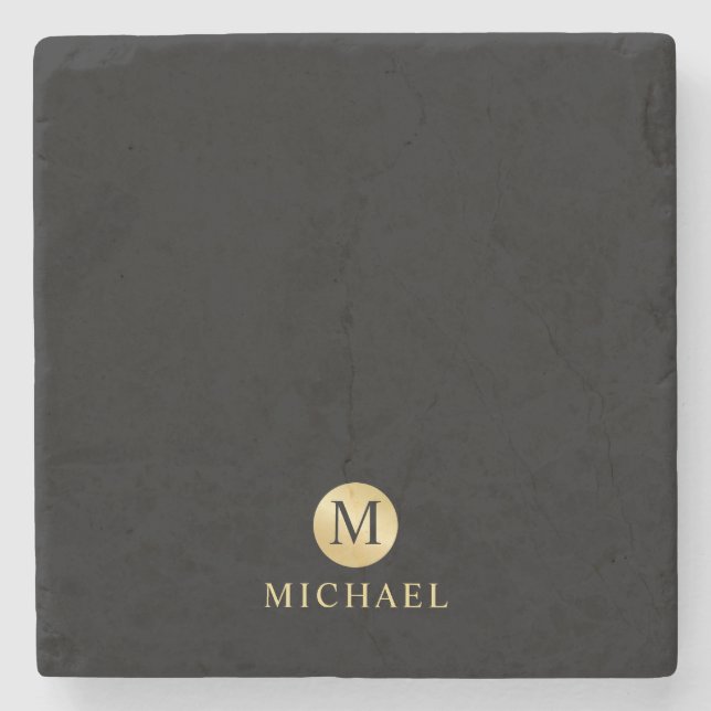 Luxury Black and Gold Personalised Monogram Stone Coaster (Front)