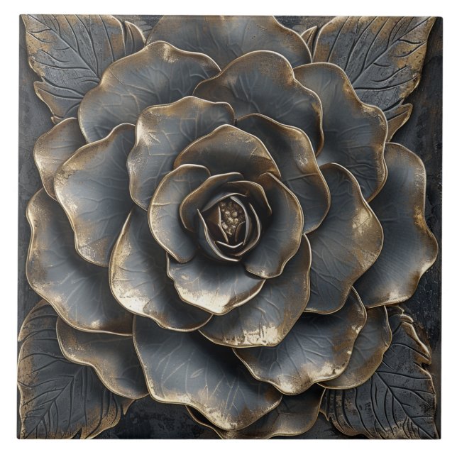 Luxury Black and Gold Rose Ceramic Tile (Front)