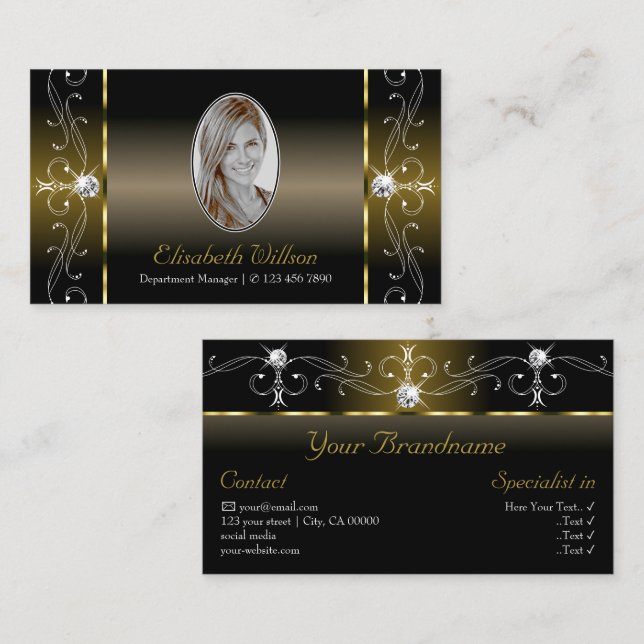 Luxury Black and Gold Squiggled Jewels with Photo Business Card (Front/Back)