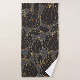 Luxury black and gold tulip floral seamless patter bath towel