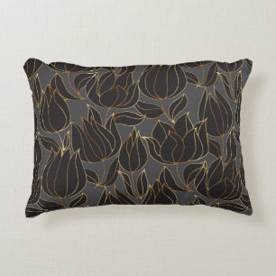Luxury black and gold tulip floral seamless patter decorative cushion