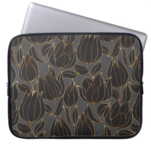 Luxury black and gold tulip floral seamless patter laptop sleeve