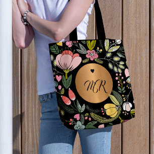 Luxury black and pastel pink floral monogram tote bag