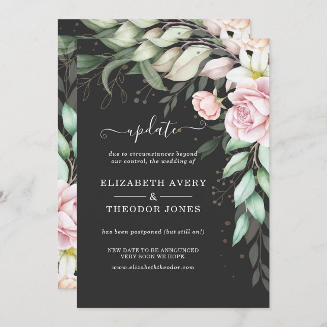 Luxury Black and Pink Floral Wedding Update Invitation (Front/Back)