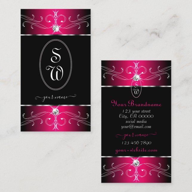 Luxury Black and Pink Ornate Ornaments Initials Business Card (Front/Back)