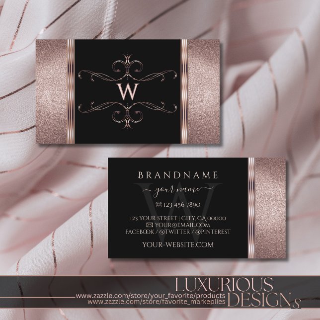Luxury Black and Rose Gold Glitter Ornate Monogram Business Card (Creator Uploaded)