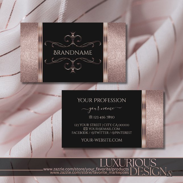 Luxury Black and Rose Gold Glitter Ornate Ornament Business Card (Creator Uploaded)