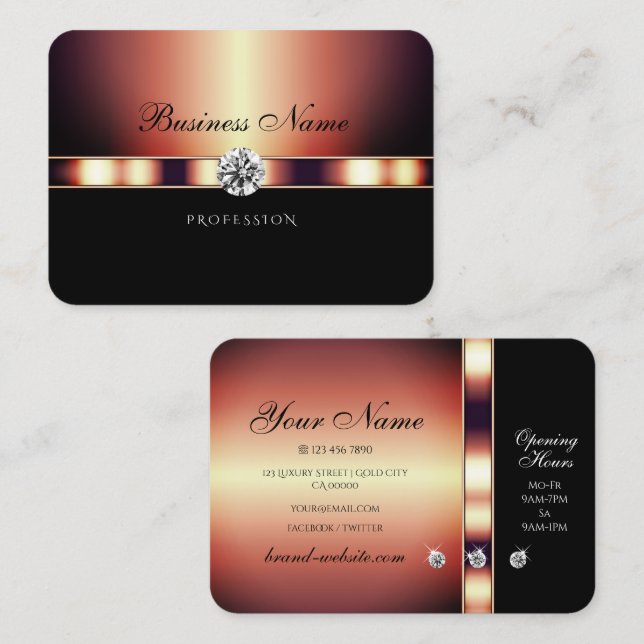Luxury Black and Rose Gold with Shimmery Diamonds Business Card (Front/Back)