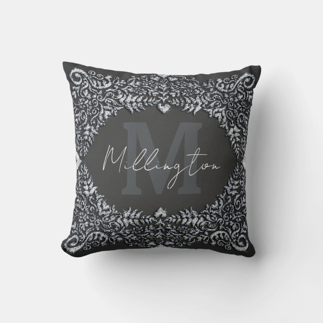 Luxury Black and Silver Diamond Monogram Cushion (Front)