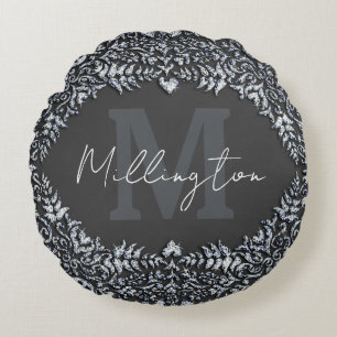 Luxury Black and Silver Diamond Monogram Round Cushion