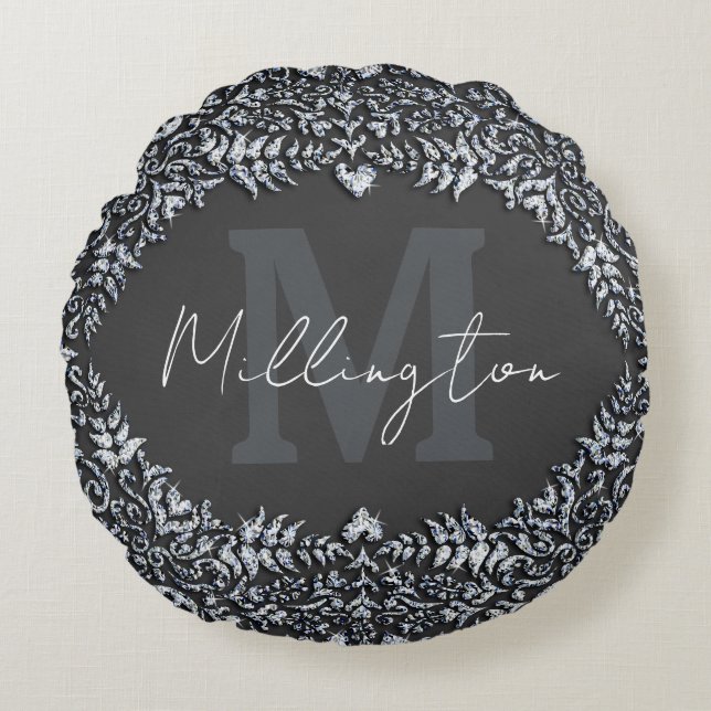 Luxury Black and Silver Diamond Monogram Round Cushion (Front)