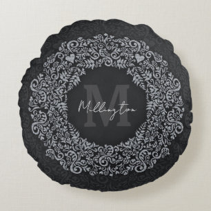 Luxury Black and Silver Monogram Round Cushion
