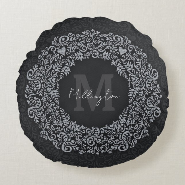 Luxury Black and Silver Monogram Round Cushion (Front)