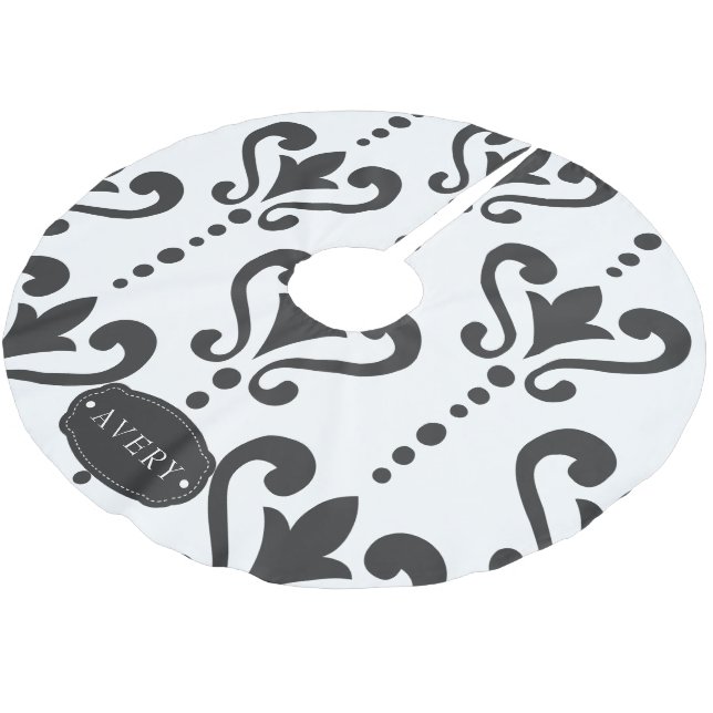 Luxury Black and White Damask Brushed Polyester Tree Skirt (Angled)