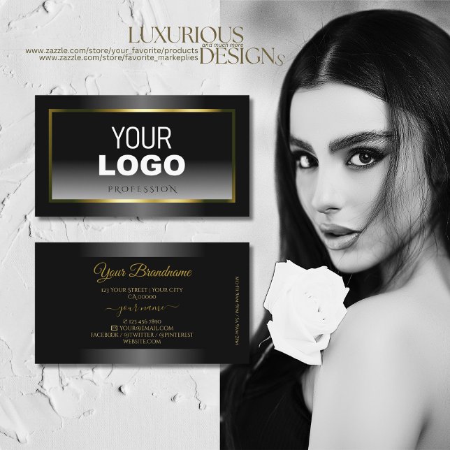 Luxury Black and White Gradient Gold Frame Logo Business Card (Creator Uploaded)