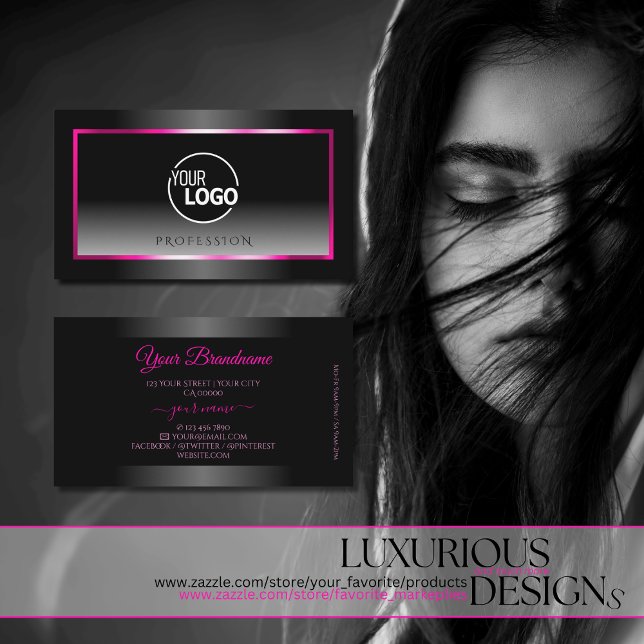 Luxury Black and White Ombre Pink Frame Logo Business Card (Creator Uploaded)