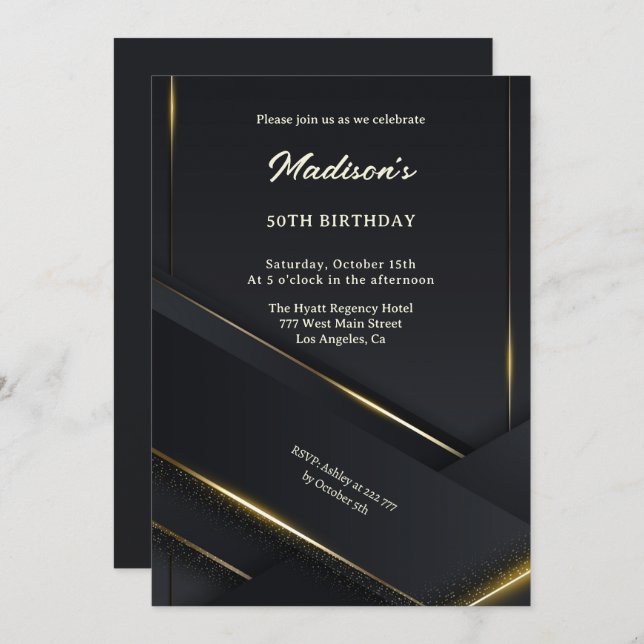 Luxury Black Background Gold Lines Birthday Invitation (Front/Back)
