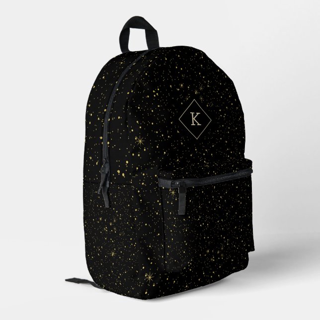 Luxury Black Background Gold Sparkles Monogram Printed Backpack (Back Corner Left)