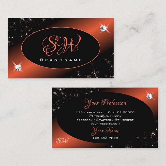 Luxury Black Blush Glitter Stars Jewels Monogram Business Card (Front/Back)