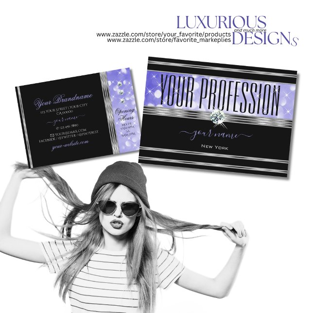 Luxury Black Bright Blue Glitter Diamonds Silver Business Card (Creator Uploaded)