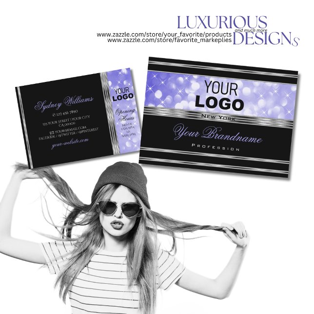 Luxury Black Bright Blue Glitter with Logo Silver Business Card (Creator Uploaded)