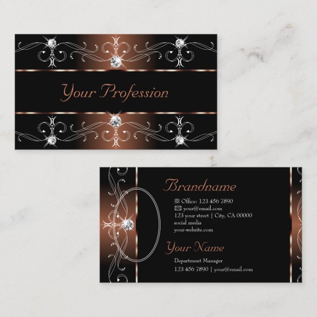 Luxury Black Brown Ornate Borders Jewels Add Photo Business Card (Front/Back)