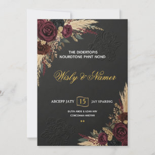 Luxury Black Burgundy & Gold Floral Wedding  Invitation