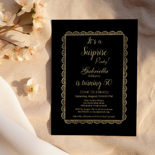 Luxury black chic gold floral lace Surprise Party Invitation