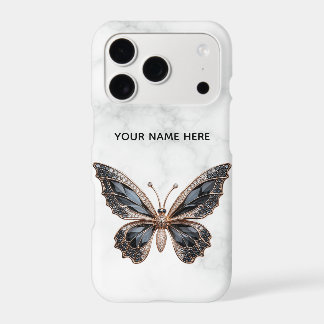 Luxury Black Diamond Butterfly White Marble Phone