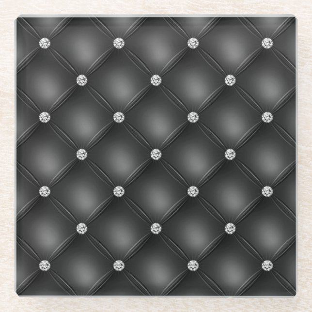 Luxury Black Diamond Tufted Pattern Glass Coaster (Front)