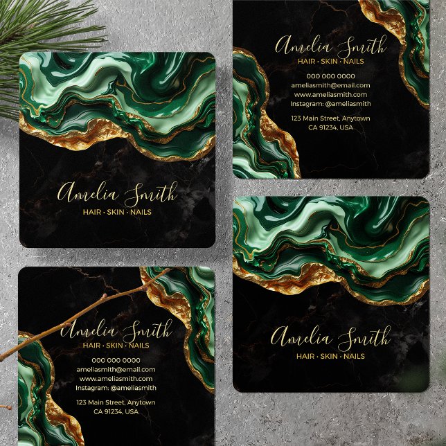 Luxury Black & Emerald Green Marble with Gold Glit Square Business Card (Creator Uploaded)