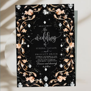 Luxury Black Floral Diamonds Wedding Invitation