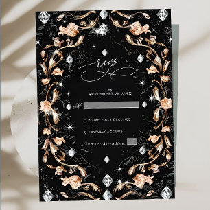 Luxury Black Floral Diamonds Wedding RSVP Card