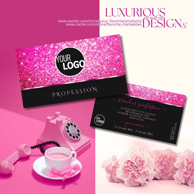 Luxury Black Girly Pink Glitter Stars add Logo Business Card (Creator Uploaded)