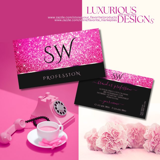 Luxury Black Girly Pink Glitter Stars Initials Business Card (Creator Uploaded)