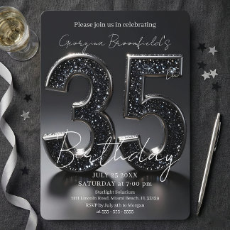 Luxury Black Glitter Silver Sparkle 35th Birthday Invitation