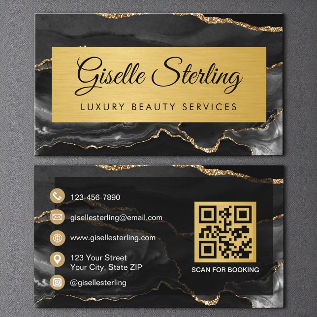 Luxury Black Gold Agate Glitter QR Code Business Card (Creator Uploaded)