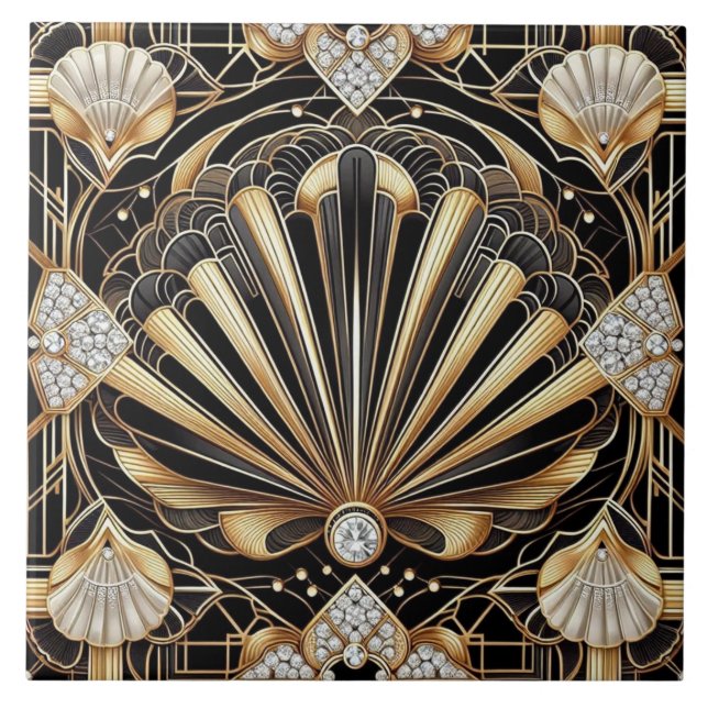 Luxury Black & Gold Art Deco Ceramic Tile  (Front)