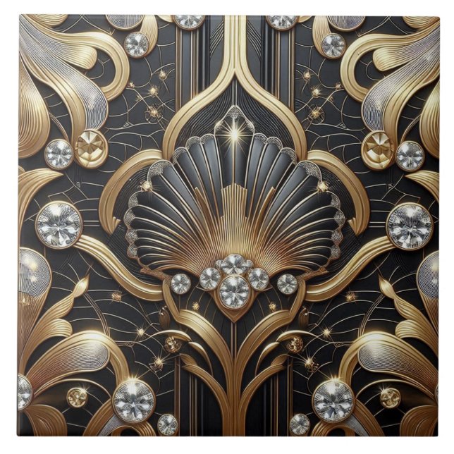 Luxury Black & Gold Art Deco Ceramic Tile  (Front)