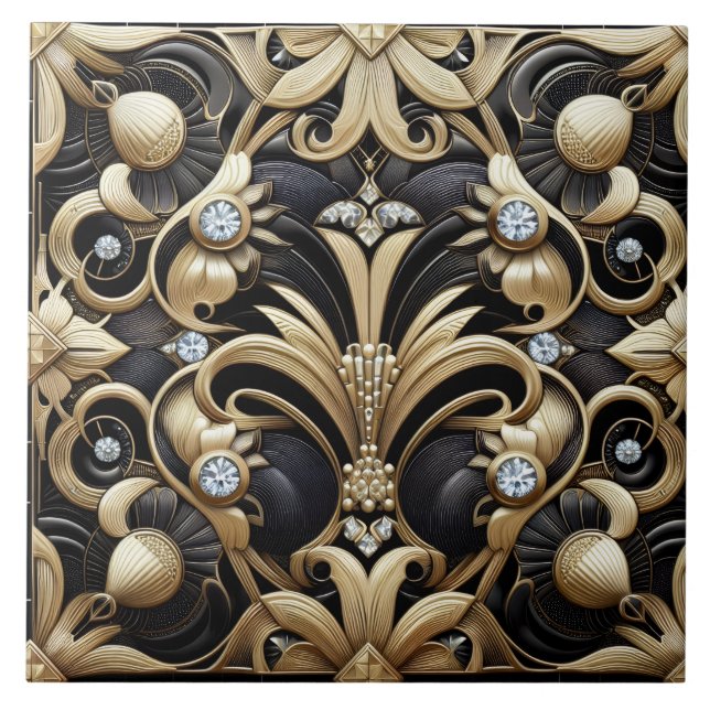 Luxury Black & Gold Art Deco Ceramic Tile  (Front)